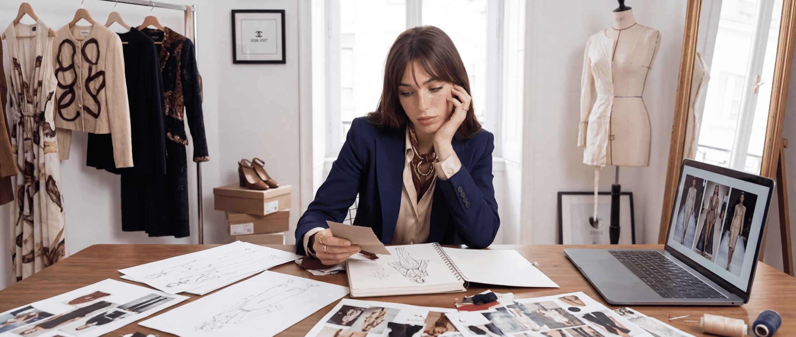 Ava Lastere à sa table de travail, croquis et références étalés.