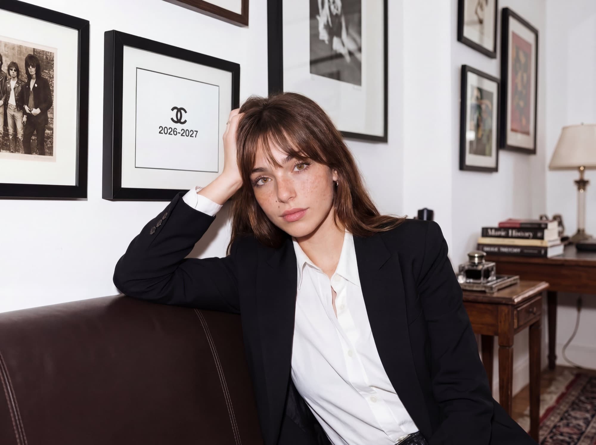Ava Lastere, assise, veste noire et chemise blanche.