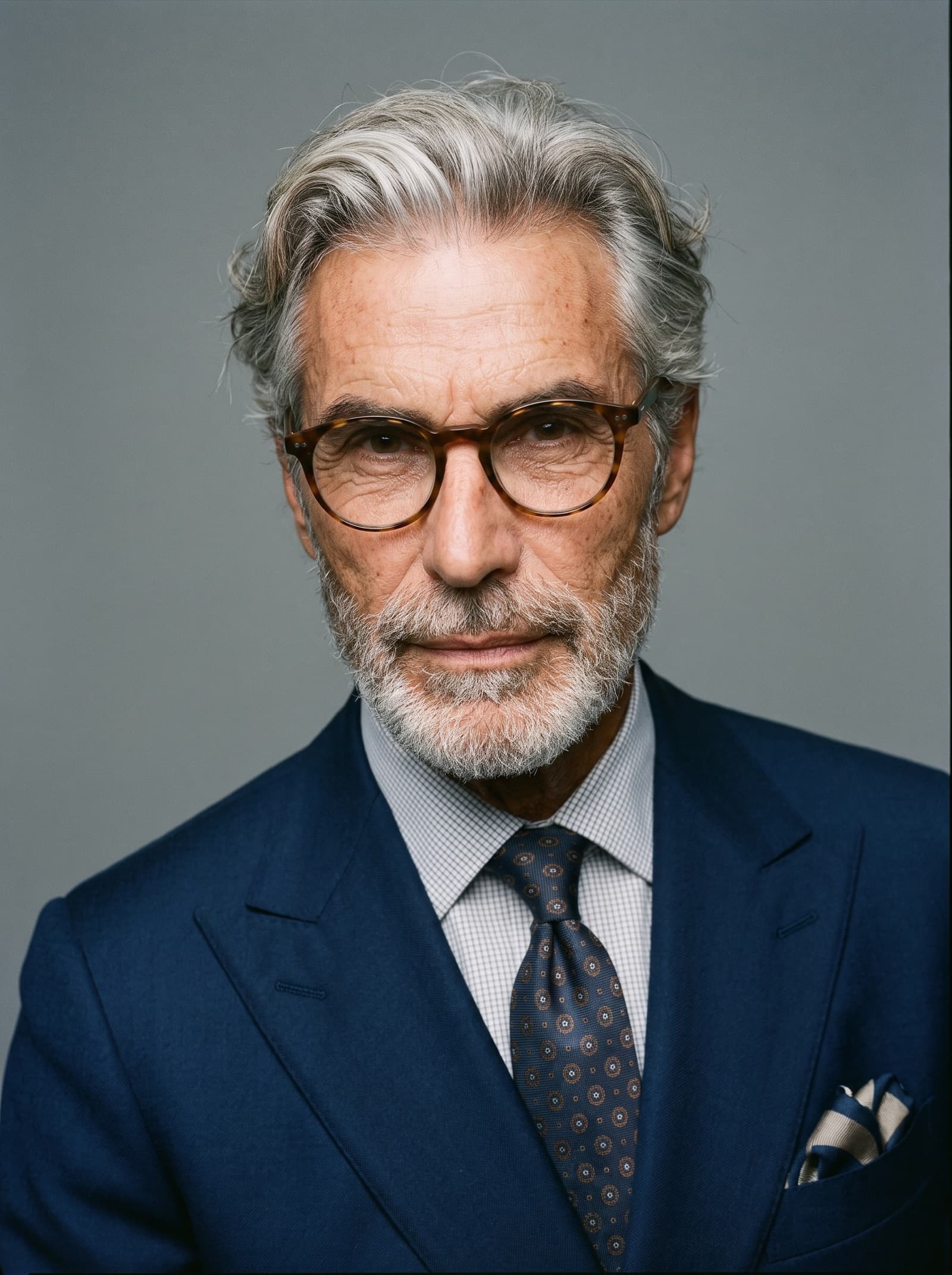 Jean-Yves Richmond, costume bleu marine, cravate à médaillons et pochette rayée, lunettes d'écaille, sur fond gris.