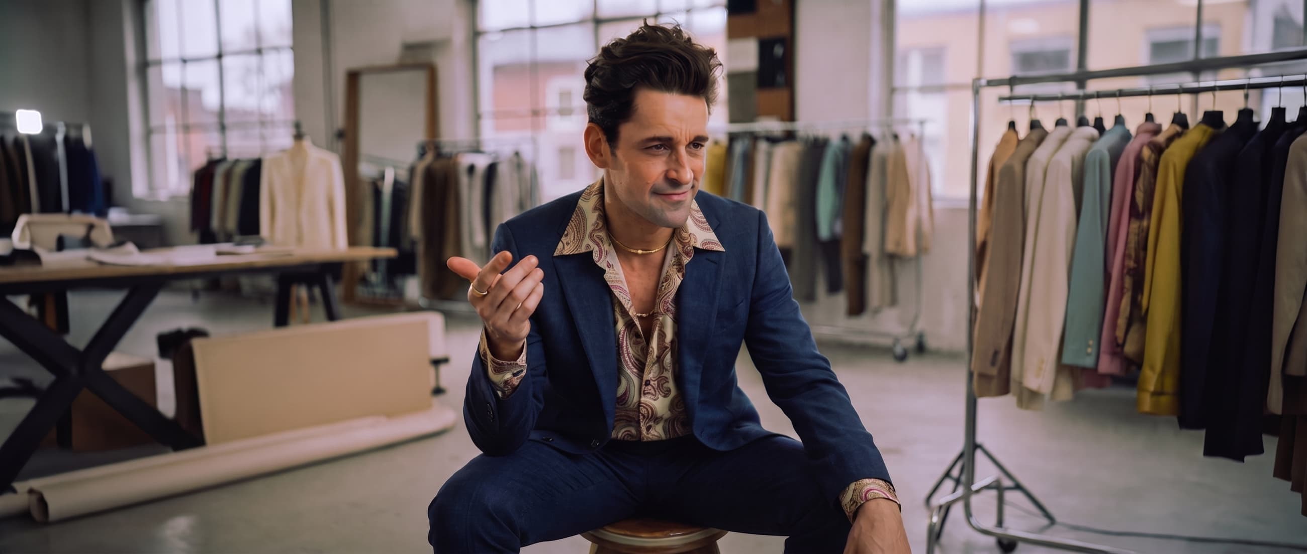 Mike Tuti assis sur un tabouret dans le showroom, chemise cachemire ouverte sous un costume marine, portants de vestes derrière lui.